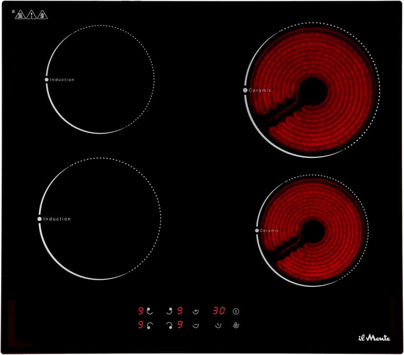 Индукционная варочная панель, Варочная панель электрическая, Комбинированные Конфорки: 2 электрические + 2 индукционные, 7000 Вт., Сенсорное управление, Таймер 99 мин., Автоотключение, Защита от детей, il Monte BH-634 BIHGC--7
