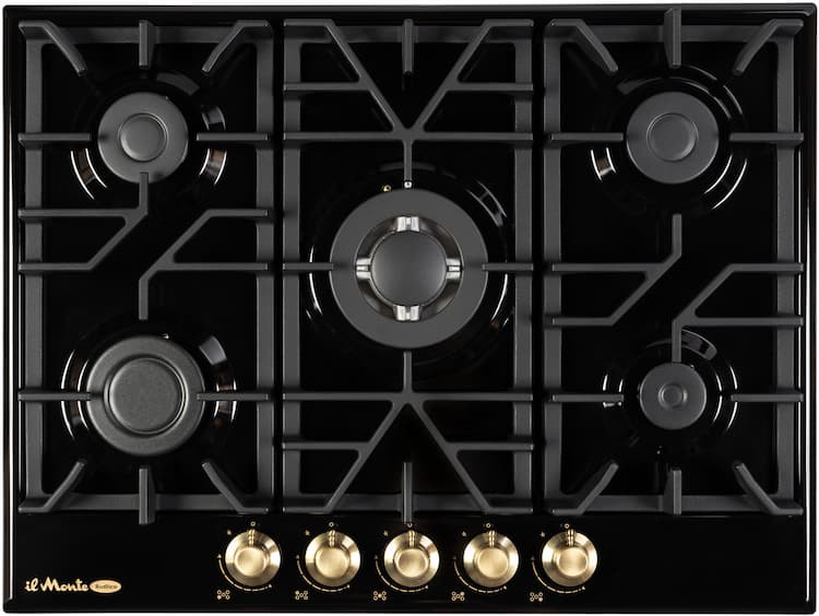 Варочная панель газовая, 70 см., 5 Конфорок, Газ-контроль, Турбо-конфорка WOK, Автоподжиг, Чугунные решетки, Эмаль "Легкая очистка", il Monte BH-713E-RUSTICO